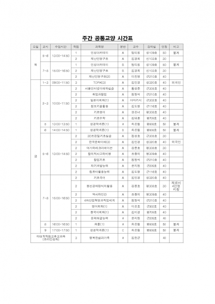 [붙임3] 2021학년도 1학기 공통교양 시간표_페이지_1