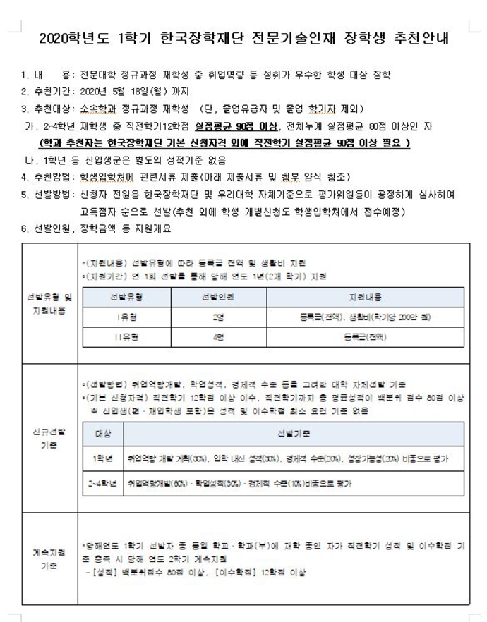 전문인재 장학생 추천안내